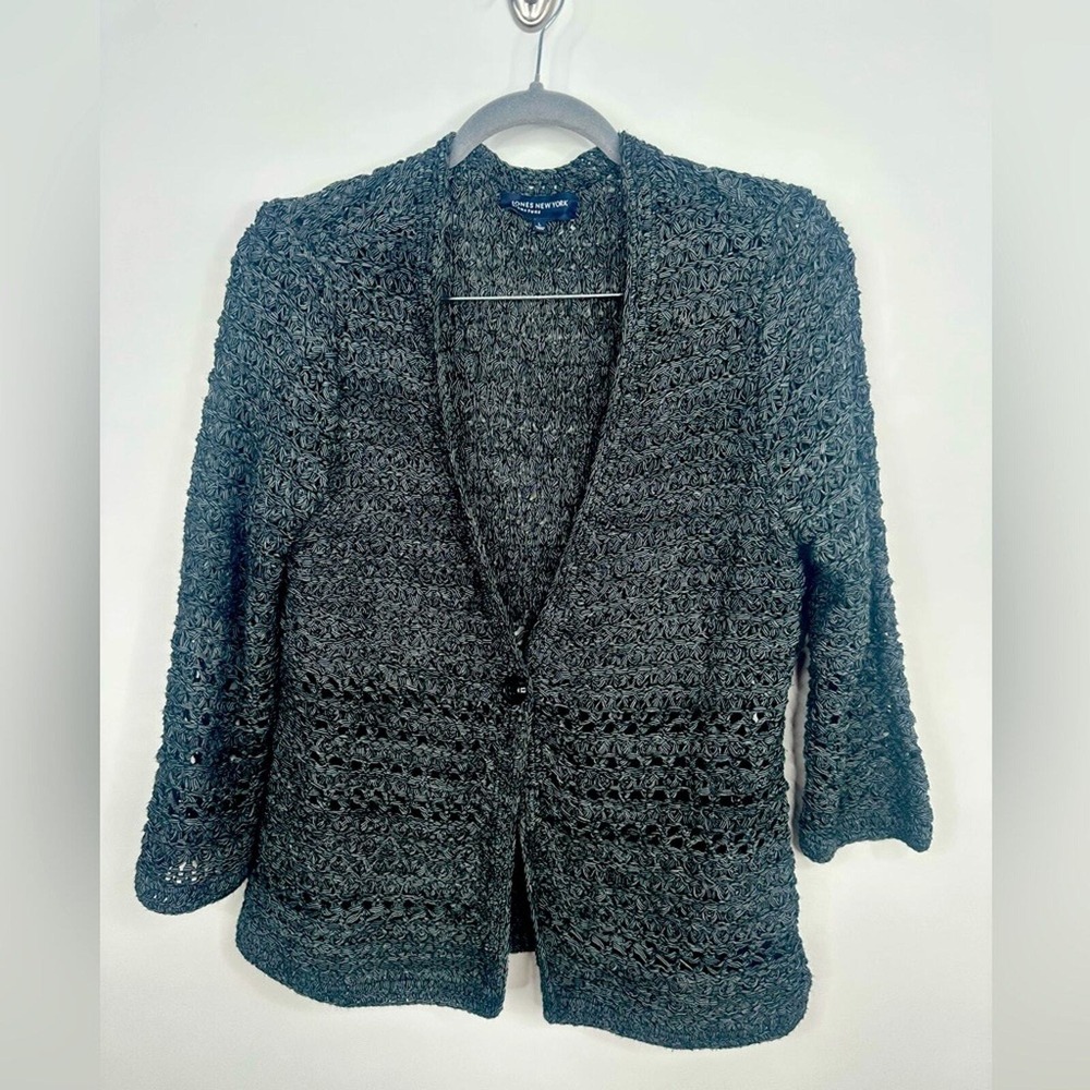 Jones New York Signature Gray Open Knit Button Front Cardigan Sweater Womens L